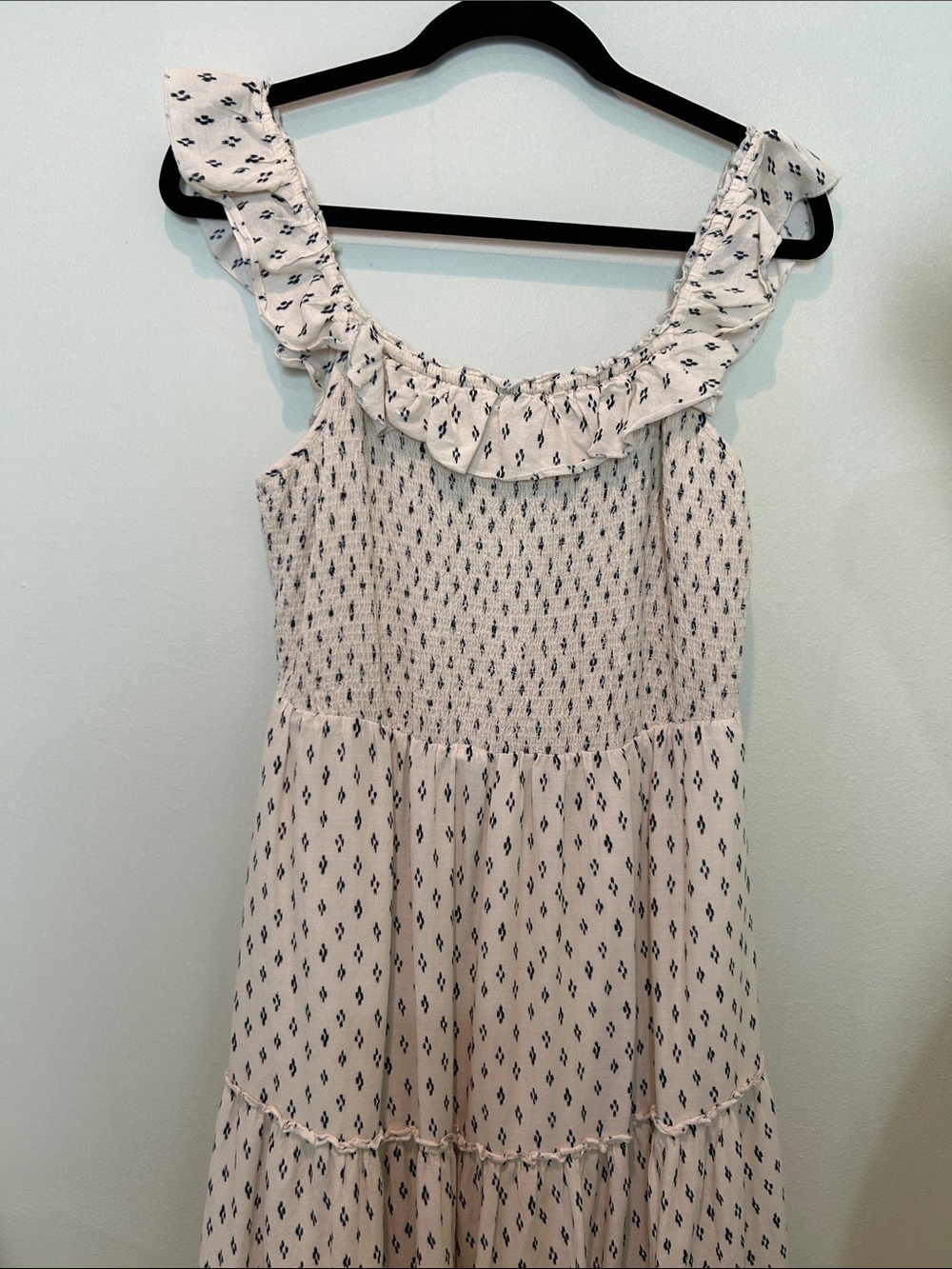 Old Navy Smocked Midi Dress Medium Cream Blue Print Ruffle Strap Cottagecore - Picture 8 of 8